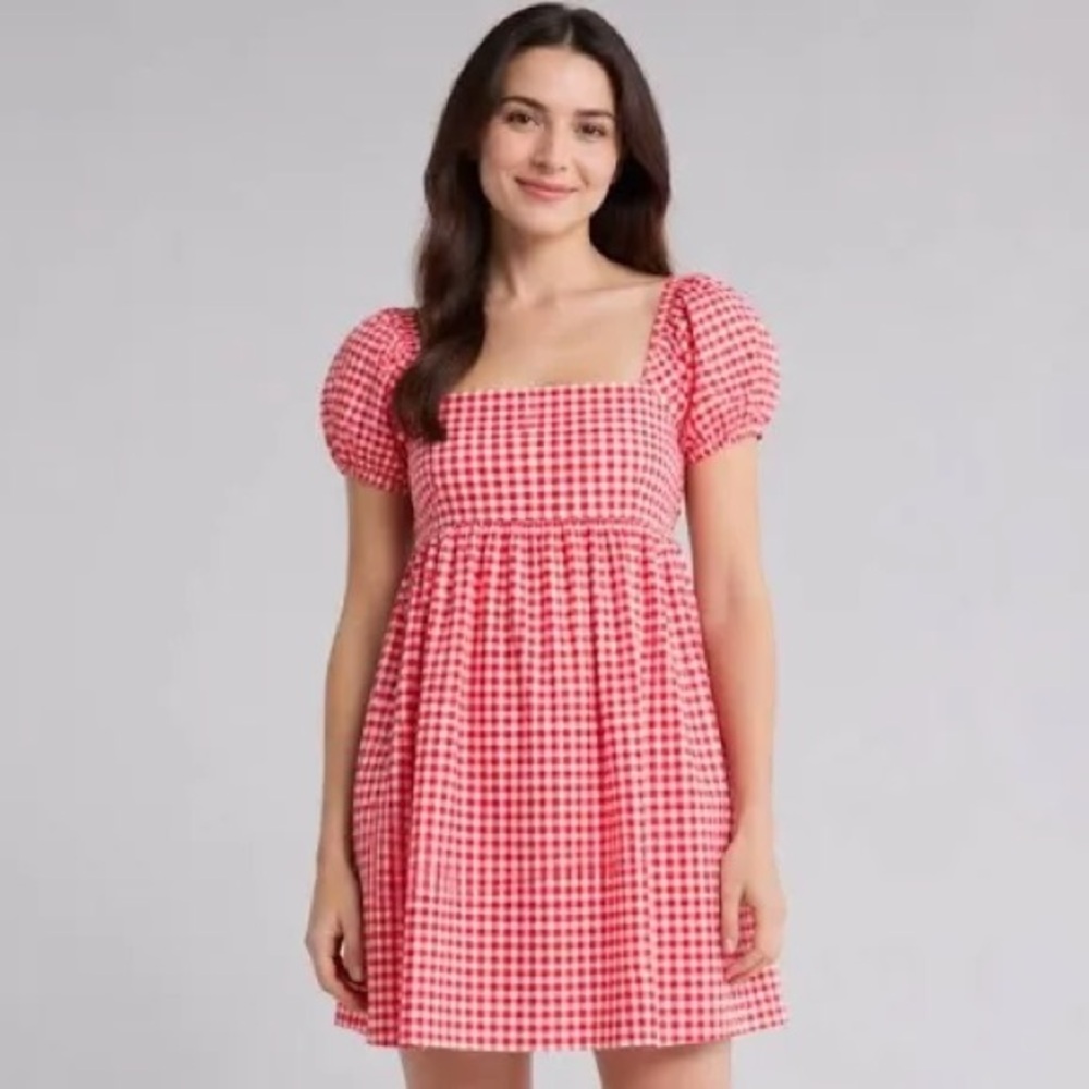Nordstrom Abound Red Gingham Puff-Sleeve Square-Neck Mini Dress
